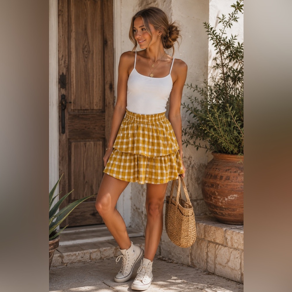 Show Me Your Mumu Aiden Skirt Small Mustard Plaid Tiered Ruffle Mini Boho